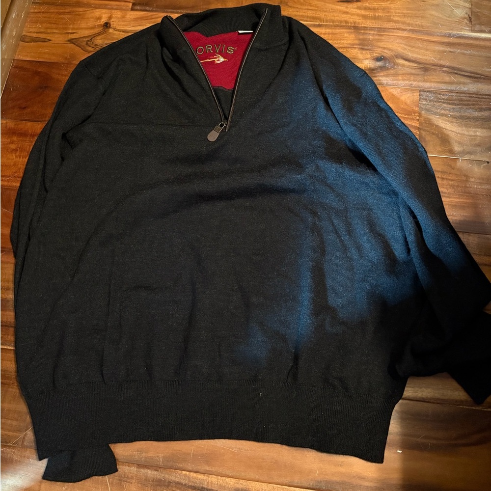 Orvis 100% Merino Wool Quarter Zip Sweater XXL Black Fly Fishing Pullover (1036)